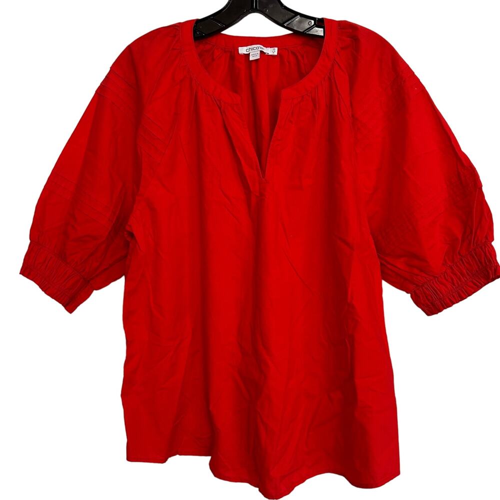 Chicos Red Cotton Short Sleeve V Neck Pullover Top Women's US Size 10